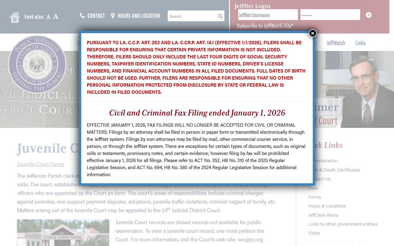 Jefferson Parish Clerk of Court juvenile court records page