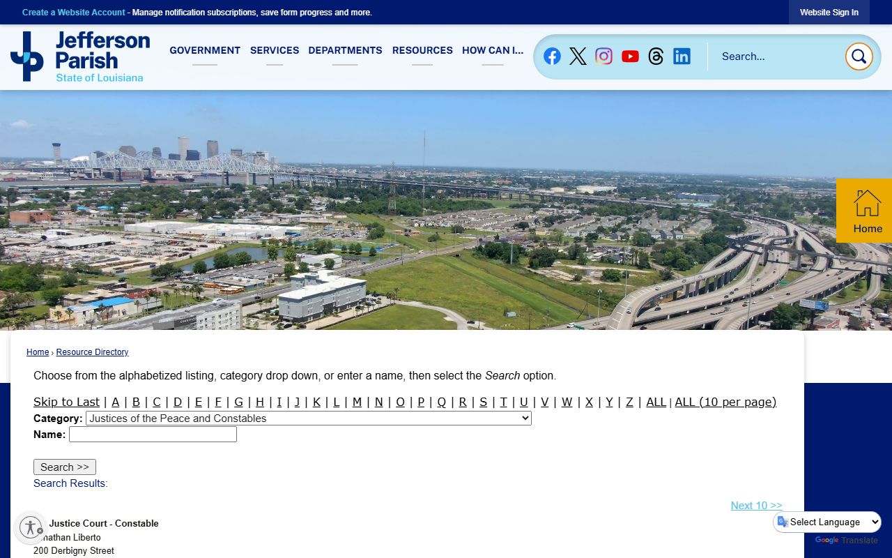 Jefferson Parish Clerk of Court justice of the peace directory