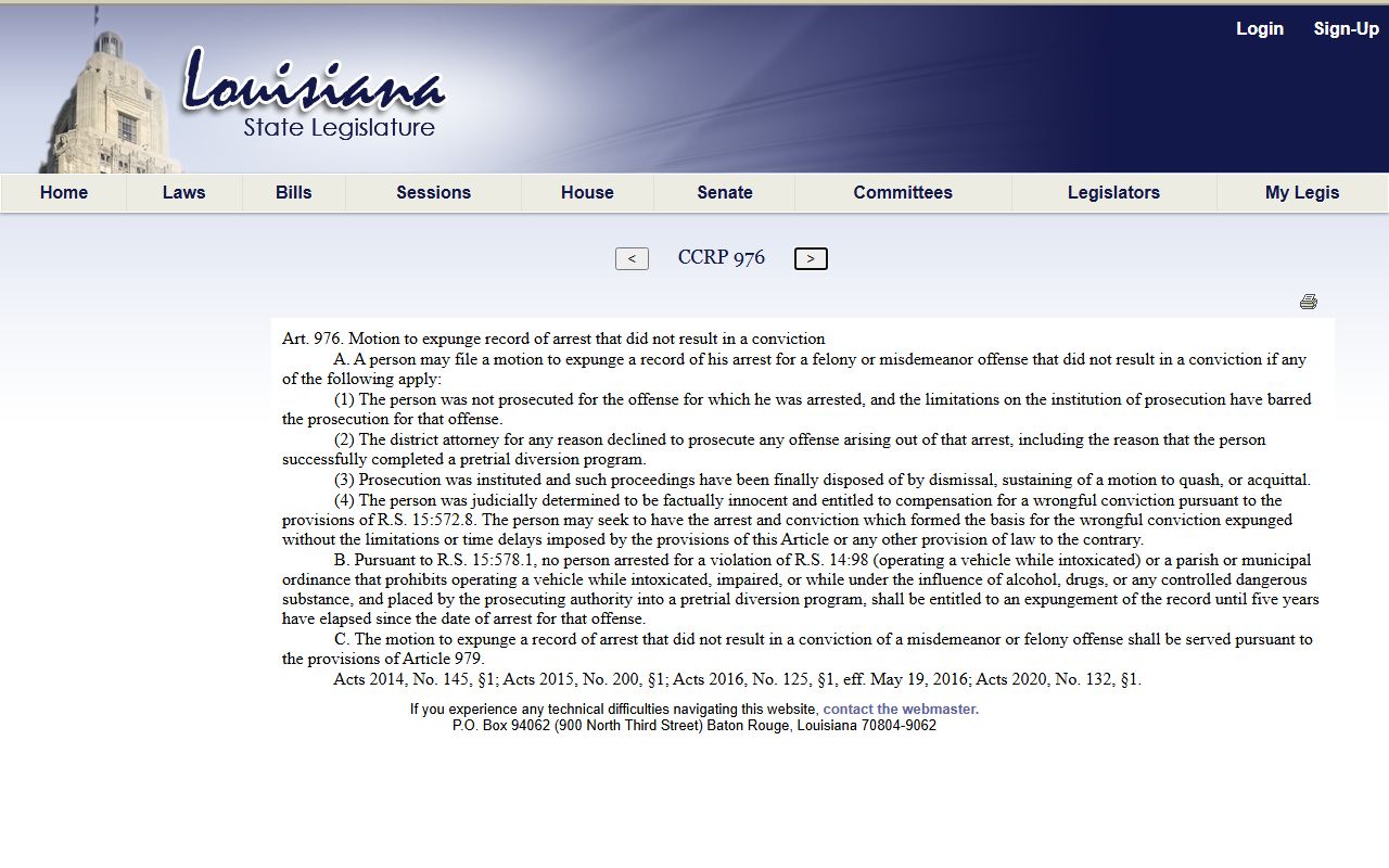 Jefferson Parish County arrest records and court charges arrest not resulting in conviction statute