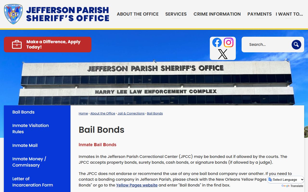 Jefferson Parish County arrest records and court charges JPSO bail bonds page