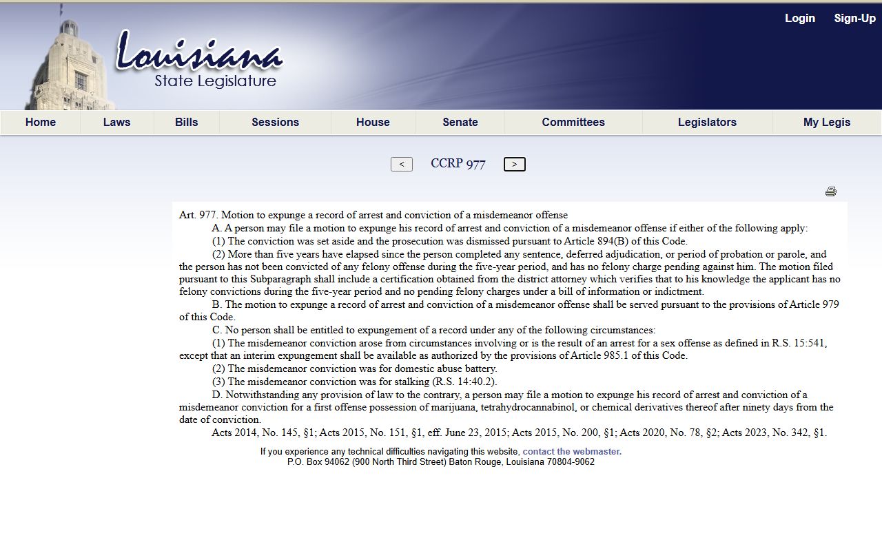 Jefferson Parish County arrest records and court charges misdemeanor expungement statute