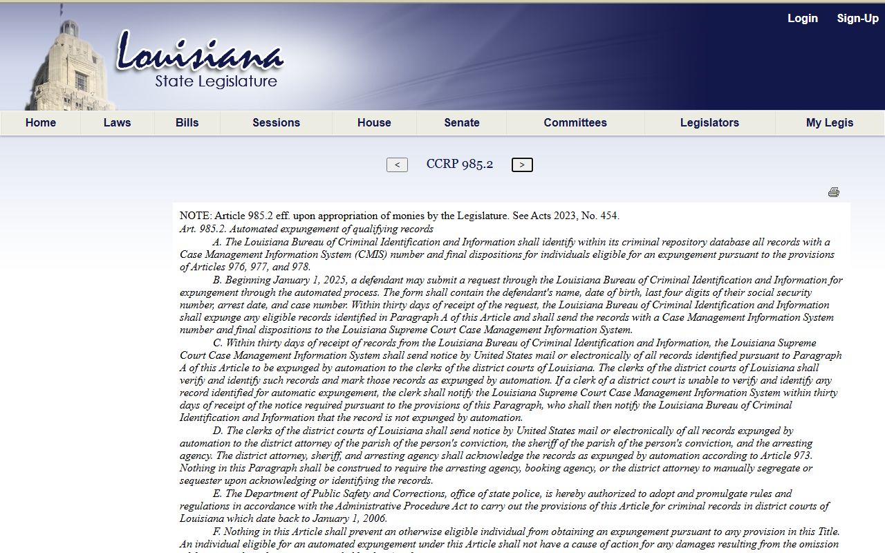 Jefferson Parish County arrest records and court charges automated expungement statute