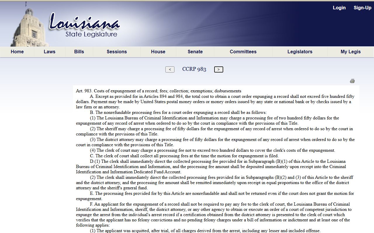Jefferson Parish County arrest records and court charges expungement fee statute