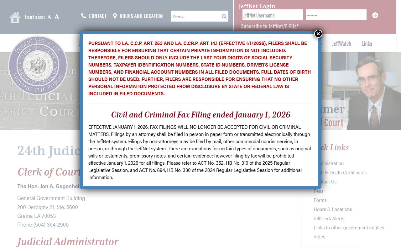 Jefferson Parish County court dockets 24th JDC judges and divisions