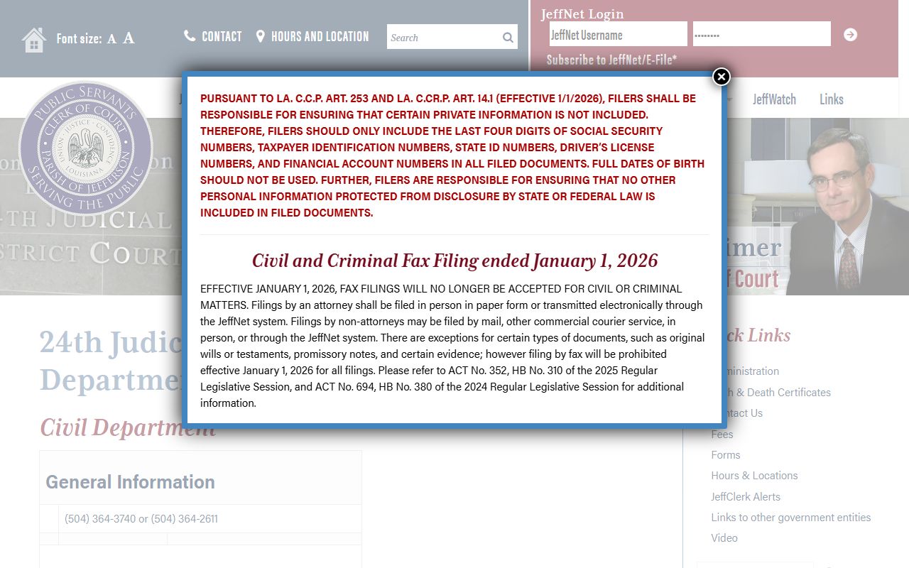 Jefferson Parish County court dockets 24th JDC civil departmental directory