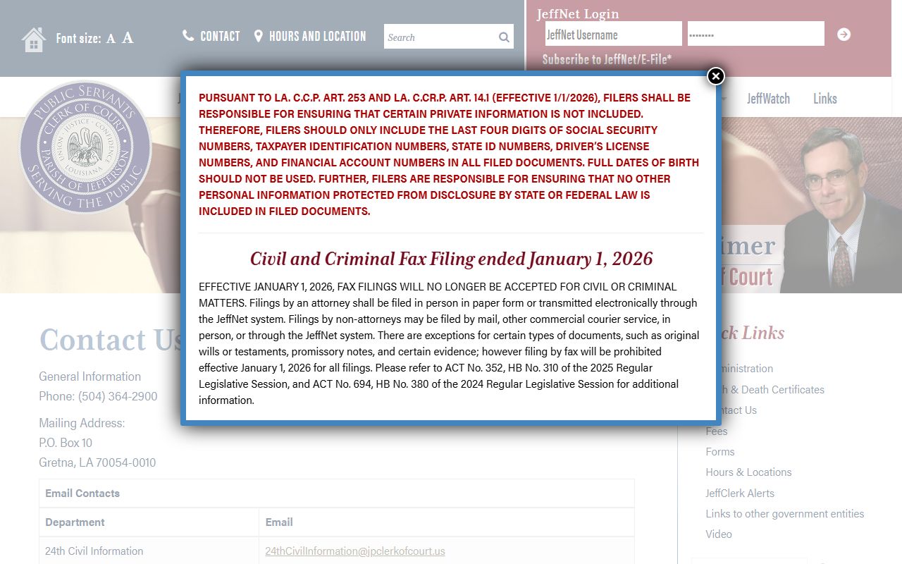 Jefferson Parish County court records Clerk contact page