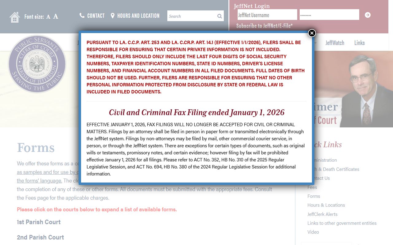 Jefferson Parish County court records Clerk forms directory