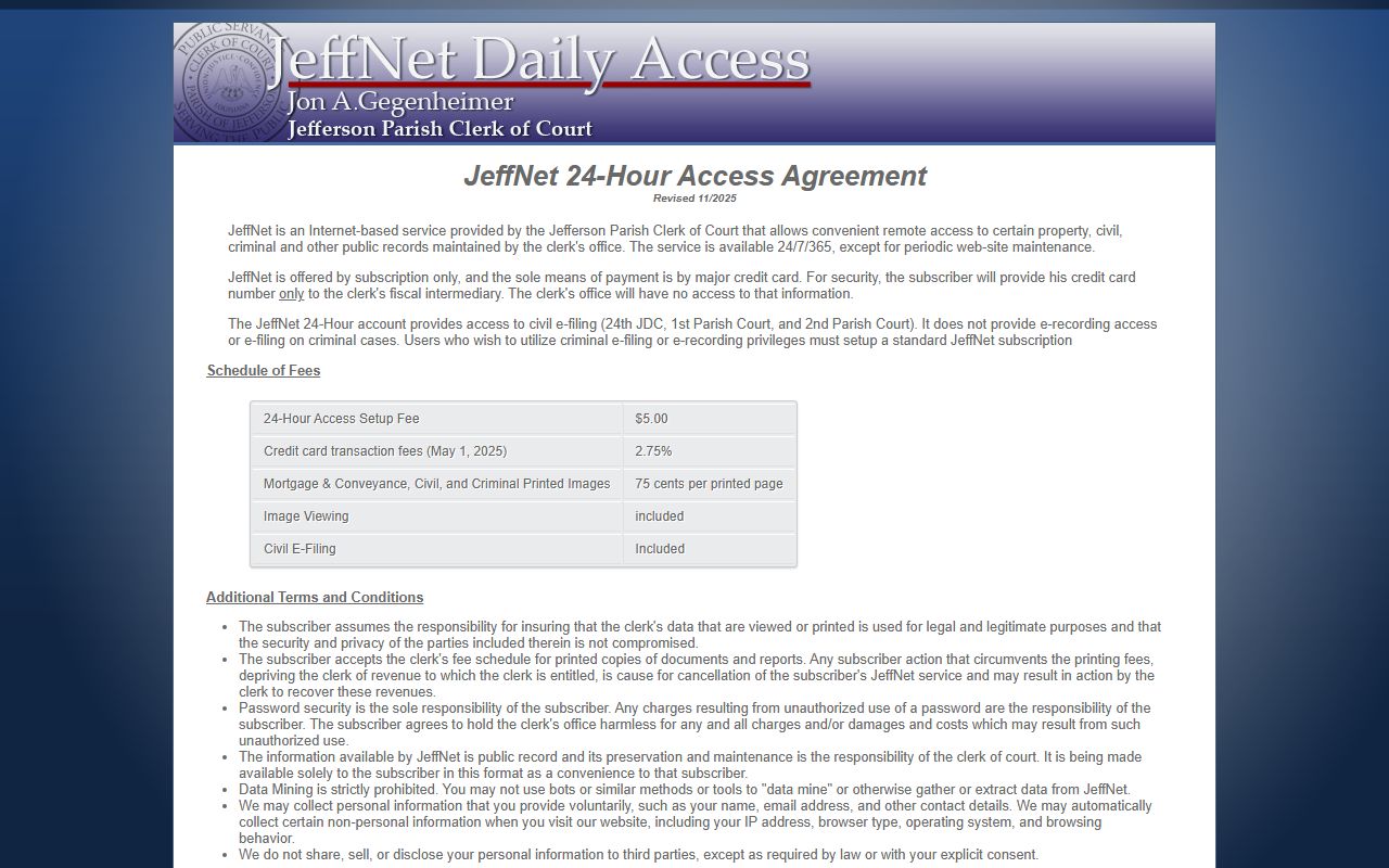 Jefferson Parish County court records JeffNet 24 hour access setup