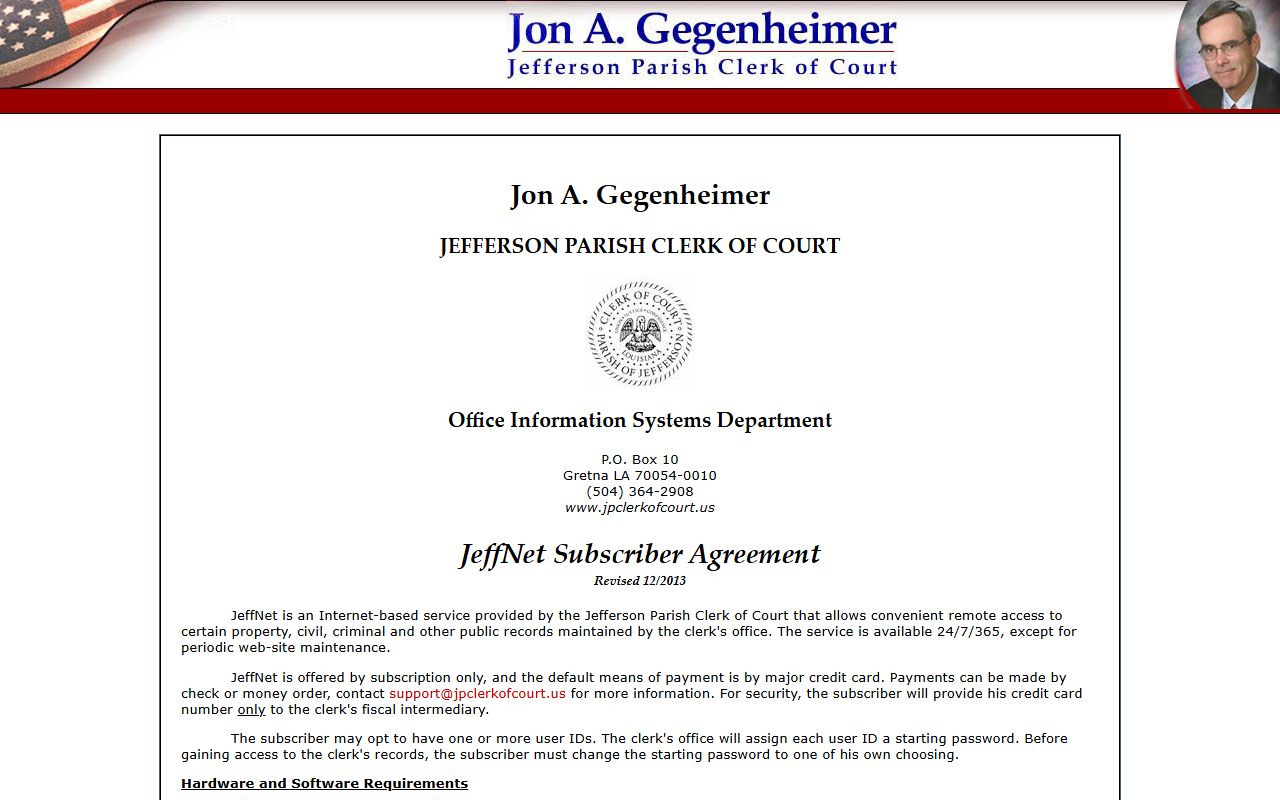 Jefferson Parish County court records JeffNet monthly subscription setup