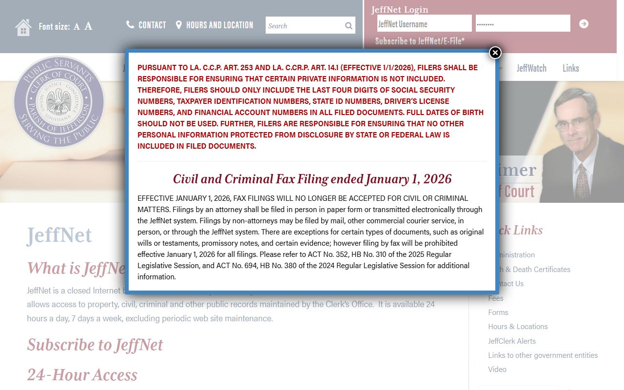 Jefferson Parish County court records JeffNet access information