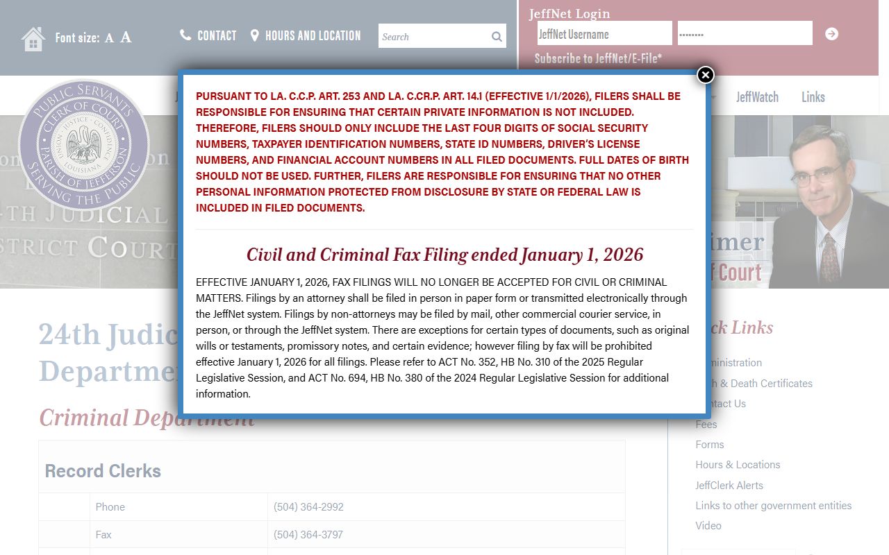 Jefferson Parish County criminal court records 24th JDC criminal department directory