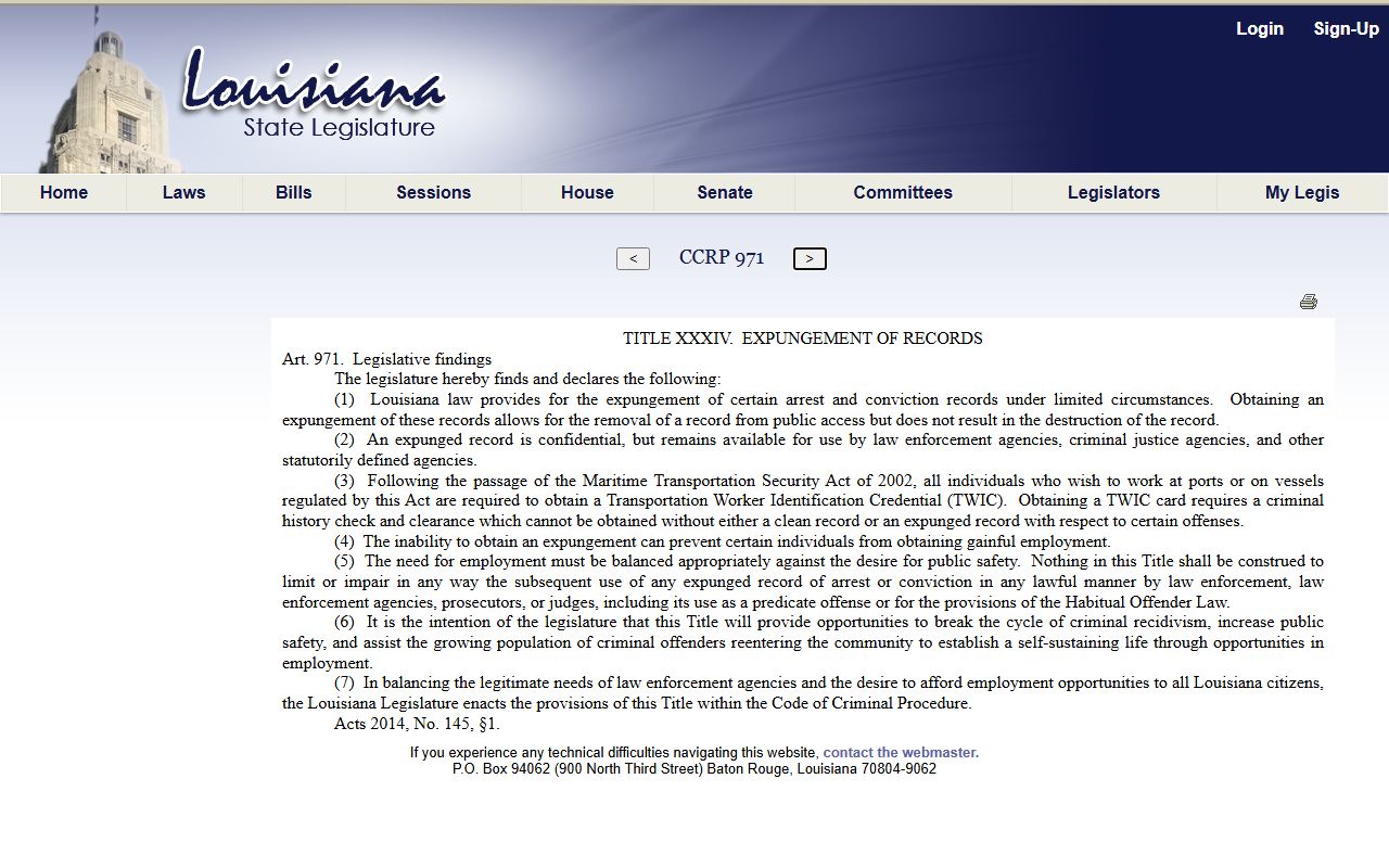 Jefferson Parish County criminal court records Louisiana expungement effect statute