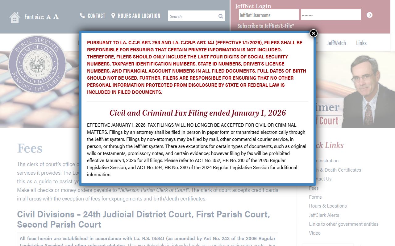 Jefferson Parish court records Clerk fee schedule