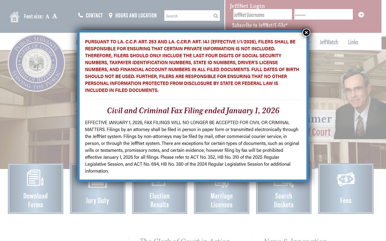 Jefferson Parish Clerk of Court records homepage