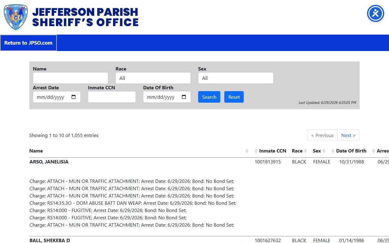 Jefferson Parish inmate records search portal