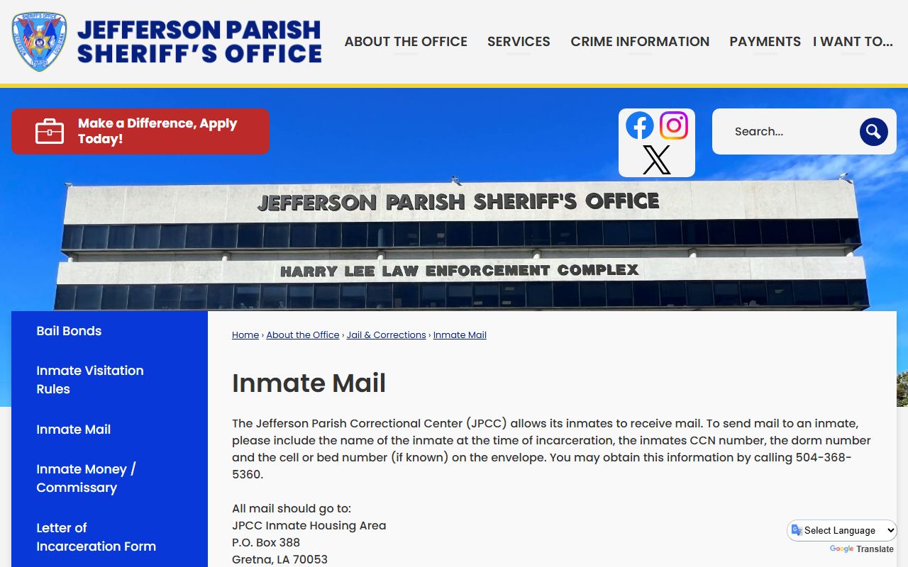 Jefferson Parish inmate records JPSO inmate mail rules