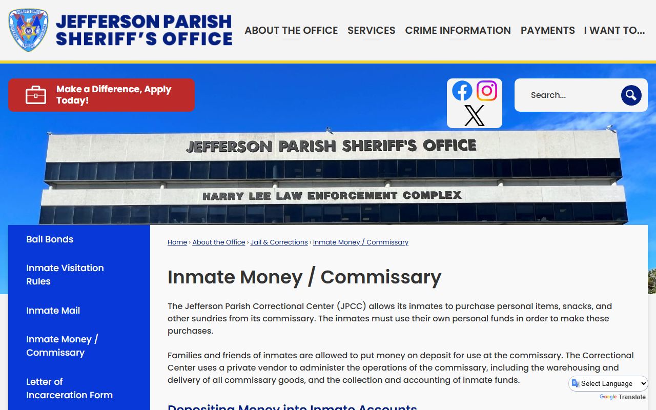 Jefferson Parish inmate records JPSO inmate money and commissary