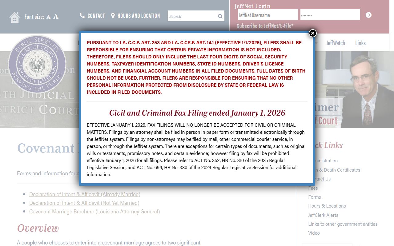Jefferson Parish marriage records covenant marriage information