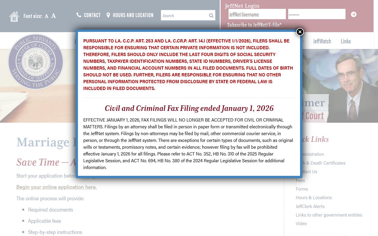 Jefferson Parish marriage records Clerk marriage license information