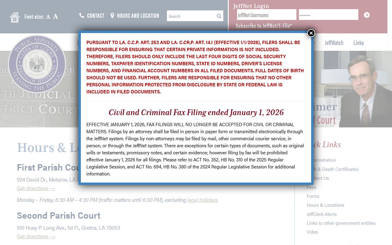 Jefferson Parish divorce records Clerk hours and locations