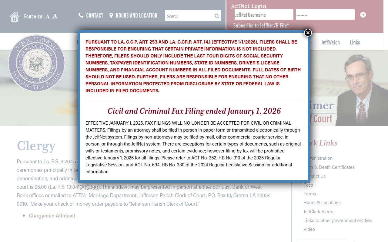Jefferson Parish marriage records clergy registration information