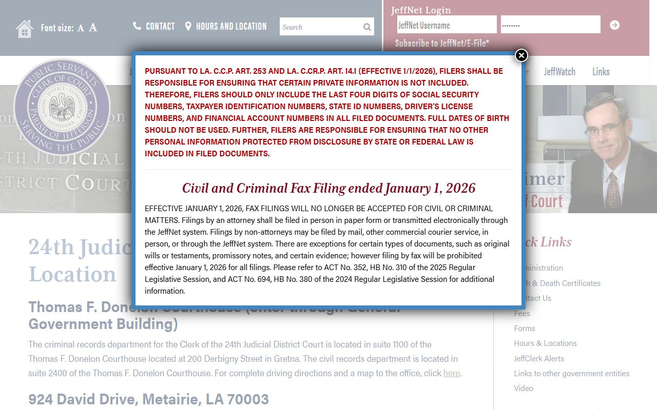 Jefferson Parish probate records 24th JDC Clerk hours and location