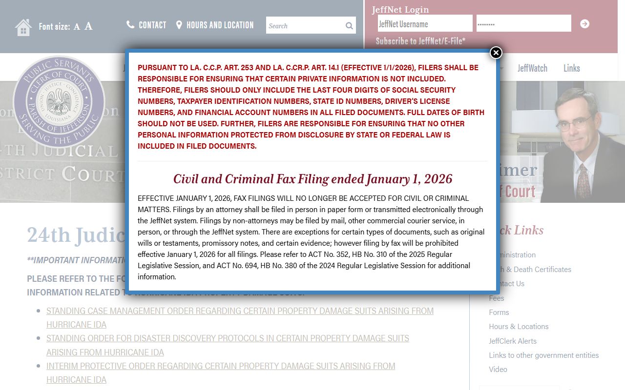 Jefferson Parish probate records Clerk page for 24th Judicial District Court