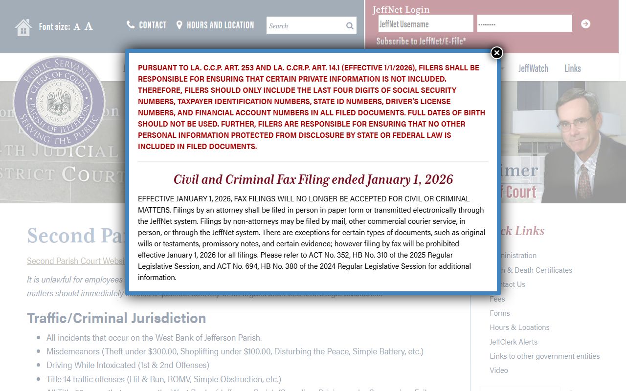 Jefferson Parish traffic court records Clerk page for Second Parish Court