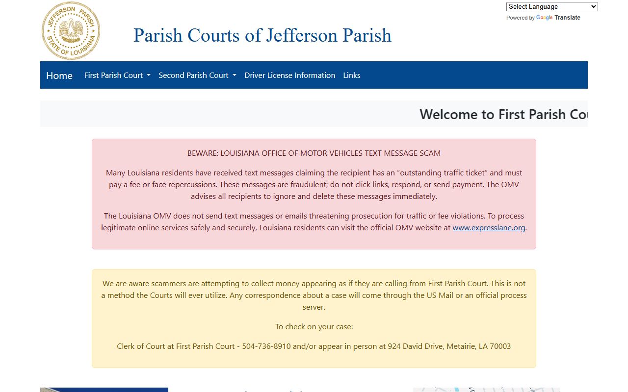 Jefferson Parish traffic court records First Parish Court page