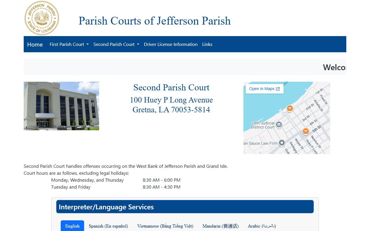 Jefferson Parish traffic court records Second Parish Court page
