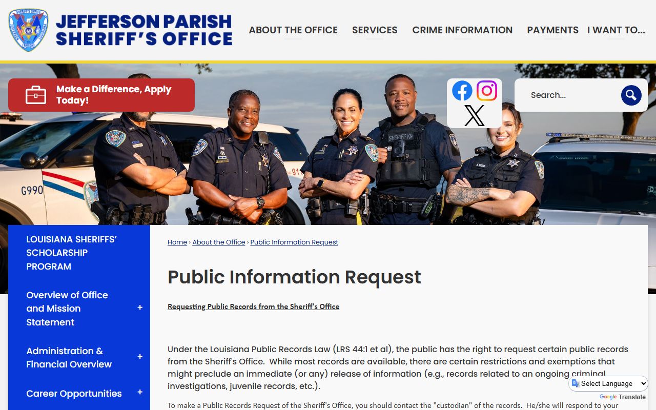 Jefferson Parish warrant records JPSO public information request page